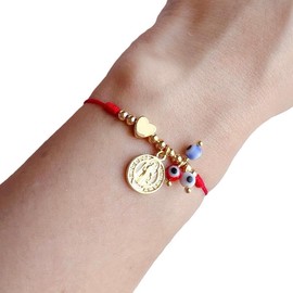 Saint Benedict Red Cord Bracelet – Triple Evil Eye Protection with Gold-Plated Heart & Medal, Pulsera de San Benito - Cord Color: Red Cord