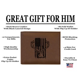 Rogue River Tactical USA American Flag Buck Hunting Men's Leather Bifold Wallet RFID Gift For Him Dad Father United States Billfold Hunt deer Hunter