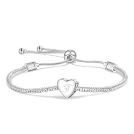 Angelra Women's Heart Shaped Pendant Silver Monogram A-Z Adjustable Bracelet Valentine's Day Mother's Day Birthday Christmas Gift for Her Women Girlfriend Mum, Brass, No Gemstone