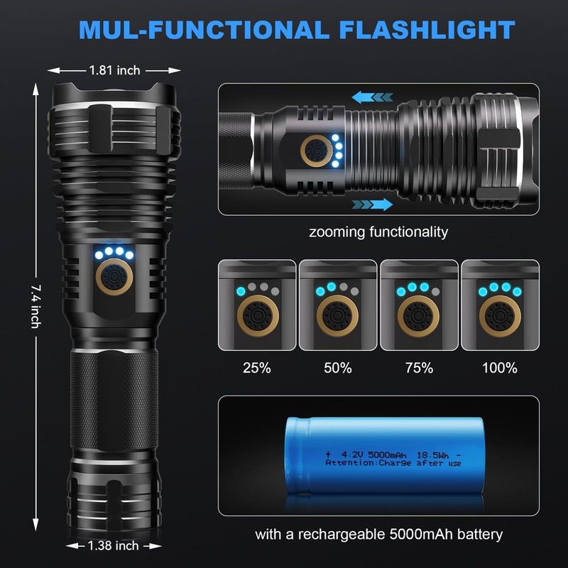BengMxj Rechargeable LED Flashlights,990000 High Lumens Tactical Flashlight with Zoomable