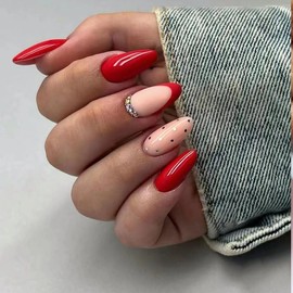 Reusable Stick On Nails - Short Long French Tips, Acrylic False Nails with Glue, 24PCS (Red Diamond)