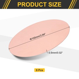 sourcing map 6Pcs Copper Round Plate, 0.02"(0.5mm) Thick 4"(100mm) Dia Pure Copper Metal Sheet T2 Copper Round Disc Brass Circle Gaskets for Metal Stamping DIY Crafts