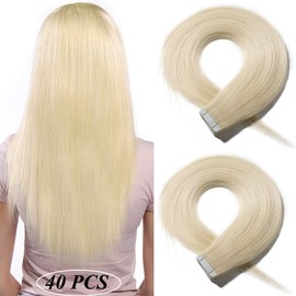 22 inch Tape in Hair Extensions Human Hair [2.5g*40pcs] #60 Platinum Blonde 100% Remy Real Invisible Hairpieces for Women Skin Weft Straight (100g)