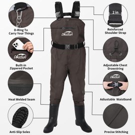 DikaSun Fishing Waders for Men & Women, Waterproof 2-Ply Nylon/PVC Chest Waders with Boots for Outdoor(Brown, M6/W8)