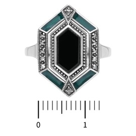 Esse Marcasite Sterling Silver Art Deco Green Enamel Black Onyx & Marcasite Long Hexagon Ring (P)