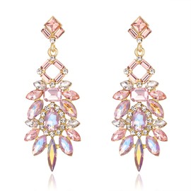 BriLove Wedding Bridal Chandelier Earrings, Art Deco Rhinestone Marquise Emerald Cut Rectangle Geometric Statement Earrings for Women Pink Gold-tone