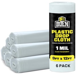 BOEN 9x12 Clear Plastic Drop Cloth – 6-Pack 1 Mil Painters Plastic Sheeting – Waterproof Paint Cover for Furniture, Floor, Window & Dust Protection – Disposable Plastic Tarp for Painting & Renovation