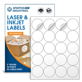 Spartan Industrial Printable Laser and Inkjet Labels - 2" White Circle Labels - 30 Sheets, 600 Total Labels for Product Labeling, Customer Stickers, Logos