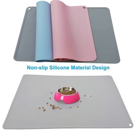 Silicone Pet Feeding Mat for Dog Cat Bowls, Waterproof Pet Food Mat Tray with Edges, Non Slip Dog Cat Bowl Mats for Food and Water, Pet Bowl Mat Dog Placemats for Floors (16.1 x 12.2 inch, Grey)