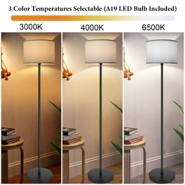 65’’ Tall Floor Lamp for Bedroom, Living Room Pole Floor Light with Grey Shade, Dimmable Standing Floor Lamp with 3-Color Changing LED Bulbs, Simple Design E26 Stand-up Floor Lamp with Foot Switch