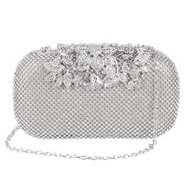 ELEOPTION Women Crystal Diamond Evening Bag with Detachable Chain Chic Leaves Clasp Clutch Diamante Clutch Bag Ladies Sparkly Rhinestone Purse Wallet Handy Bag Party Bridal Prom Wedding, Sliver