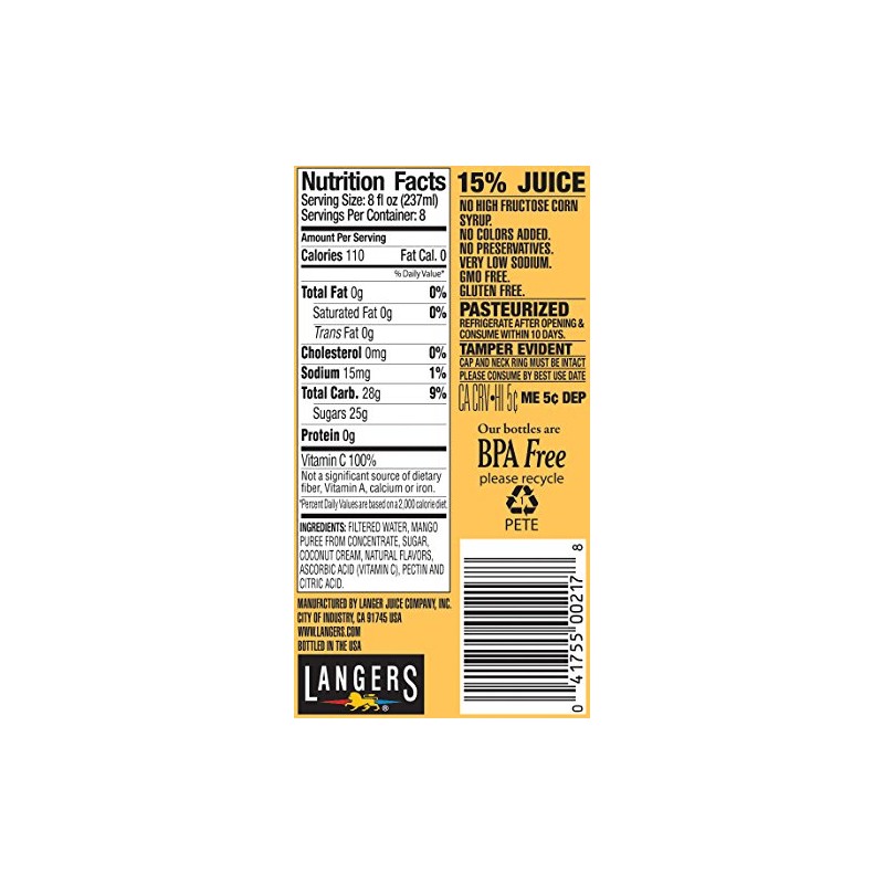 Langers Juice, Mango Coconut Cocktail, 64 fluid Ounce (Pack of