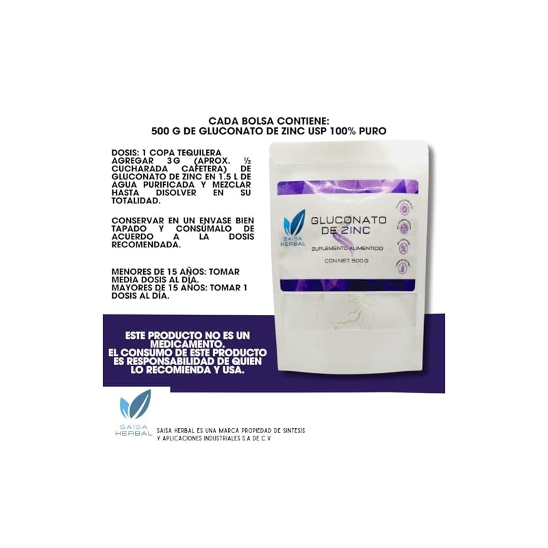 Gluconato de Zinc 100 Puro 500 g