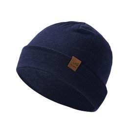 ACUSHLA - Gorro de invierno de punto para hombres y mujeres, 100 % lana merina, unisex, para clima frío, Azul marino, Talla única
