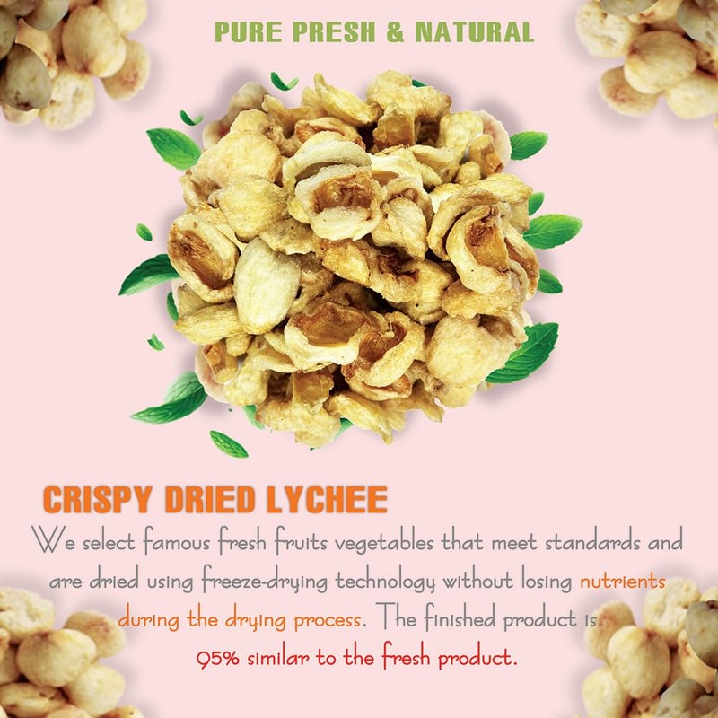 CRISPY DRIED LYCHEE 2.47 oz (70g) VIETFARMFOOD: Freeze-dried, no sugar