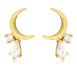 Sterling Silver Cubic Zirconia Moon Minimalist Stud Earring (Dainty)