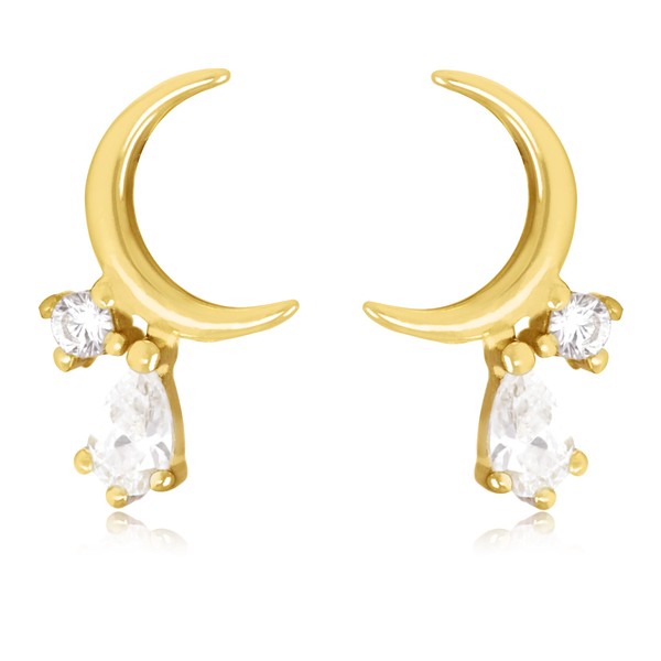 Sterling Silver Cubic Zirconia Moon Minimalist Stud Earring (Dainty)