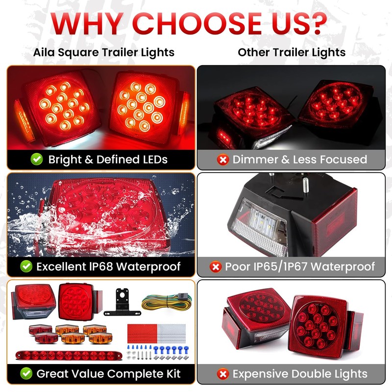 Aila Complete LED Trailer Light Kit, Submersible IP68 LED Stop