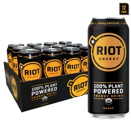 RIOT energy 100% Plant Powered Energy Drink (MANGO RIOT) Keto-friendly, Organic, No Added Sugar (16oz, Pack of 12)