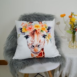 DILOXNSU Giraffe Gifts Cushion Cover Cute Giraffe with Floral Wreath Flowers Bouquet Pillow Cover 45 x 45 cm Home Decorations Cushions for Livingroom Couch Sofa Decor Throw Pillow Case 18"x18"