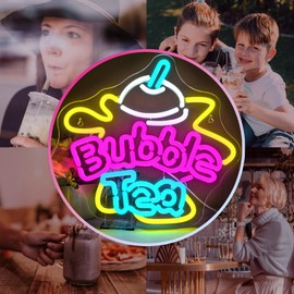 JURONG LED Neon Sign for Wall Decor, Bubble Tea Neon Light, USB Powered Dimmable, 5V/2A, 13.4"x12.6" for Home, Party, Gift, Office, Bedroom, Bubble Tea Shop, Boba Lover