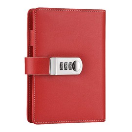 Lockable Notebook Refillable PU Leather Journals Password Planner Organizer A6 Lined Notepad Personal Sketchbook with Lock and Pen Holder Red