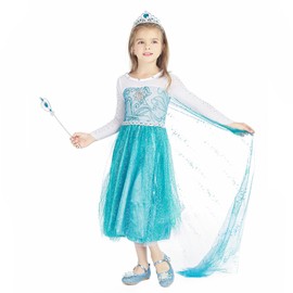 WIOLETA Elsa Dress Children's Set, Elsa Costume Girls, Blue Princess Dress Girls Princess Costume Girls with Crown, Wand Necklace, Bracelet, Earrings, Ring, False Braids, Gloves