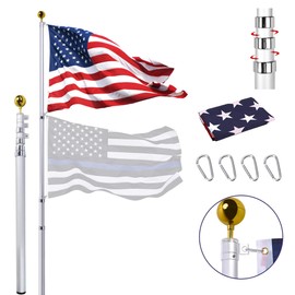 Panta 20FT Telescopic Flag Pole Kit, Heavy Duty 14 Gauge Telescopic Flag Pole for Outside In Ground, Extra Thick Aluminum Telescoping Flag Poles with 3x5 USA Flag for Yard, Residential or Commercial, Silver