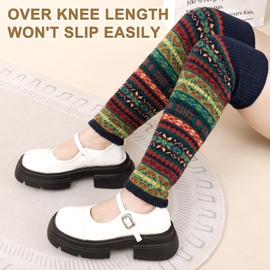 3 Pairs Bohemian Leg Warmers Knit Wool Winter Long Leg Warmers Striped Ethnic Boot Cuffs Socks Knee High Knitted Boot Socks for Women Girls Christmas, Party, Skating
