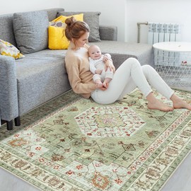 Washable Boho Area Rug 5'×7' Green Brown Large Living Room Rug Non-Slip Indoor Decor Soft Oriental Vintage Bedroom Carpet Dining Room Nursery Home Office