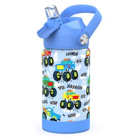 Ntswasd Stainless Steel Drinking Bottle, Straw, Thermos Flask, 350 ml, BPA-Free, Leak-Proof Thermal Water Bottle for School, Sports, Children (Monster Truck)