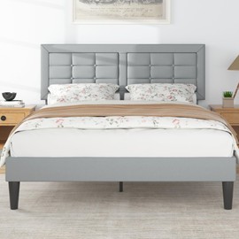 VECELO Queen Size Bed Frame with Adjustable Headboard, Upholstered Button Tufted Platform Bedframe with Wood Slats Support, No Box Spring Needed, Light Grey