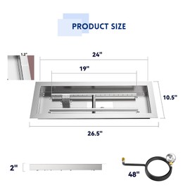 Skyflame Stainless Steel 24" Rectangle Fire Pit Drop-in Burner Kit with Extinguishing Protection Device, Flame Sensing, Electronic Spark Ignition, Gas Hose Connector for Propane