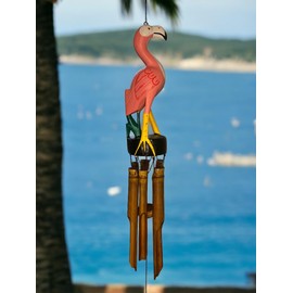 Pink Flamingo Windchime – Large Unique Rustic Tropical Outdoors - Bamboo & Wood Hanging Garden Décor – Relaxing Calming Deep Tones