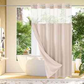 Gibelle No Hook Waffle Weave Shower Curtain with Snap-in Fabric Liner Set for Bathroom, Hotel Style with Mesh Top Window, Waterproof & Washable, Blush Pink, 72x74