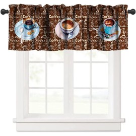 JanJCurt Retro Coffee Window Valance, Brown Background White Blue Tea Set Spoon Watercolor Coffee Cups Print Blackout Short Curtain for Cafe Kitchen Decor, 54x18in