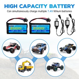 AMZZN 2PCS 7.4V 2000mAh 15C 2S SM-3P Plug Lipo Battery with USB Charging Cable for DE43 DE60 9500E RC Car Truck Huina 1575 RC Engineering Vehicle RC Toy Car Battery (2PCS Battery+2USB)