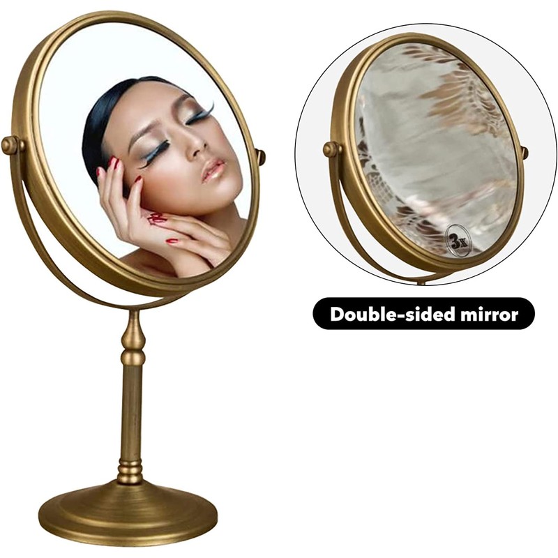 Leyden Antique Brass Makeup Mirror, 3X Magnifying Vanity Mirror Tabletop