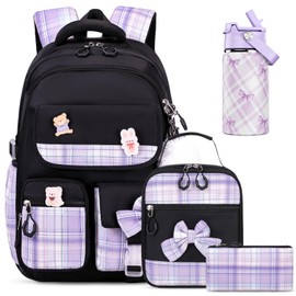 ACESAK Backpack for Girls with Insulated Water Bottle, Bow Tie Plaid Bookbag for Girls Kids, 14oz Termos Kids Water Bottle Stainless Steel, Lunch Bag & Pencial Case, Back To School Gift (Black Purple)