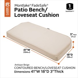 Classic Accessories Montlake Water-Resistant 41 x 18 x 3 Inch Outdoor Bench/Settee Contoured Back Cushion, Patio Furniture Swing Cushion, Antique Beige