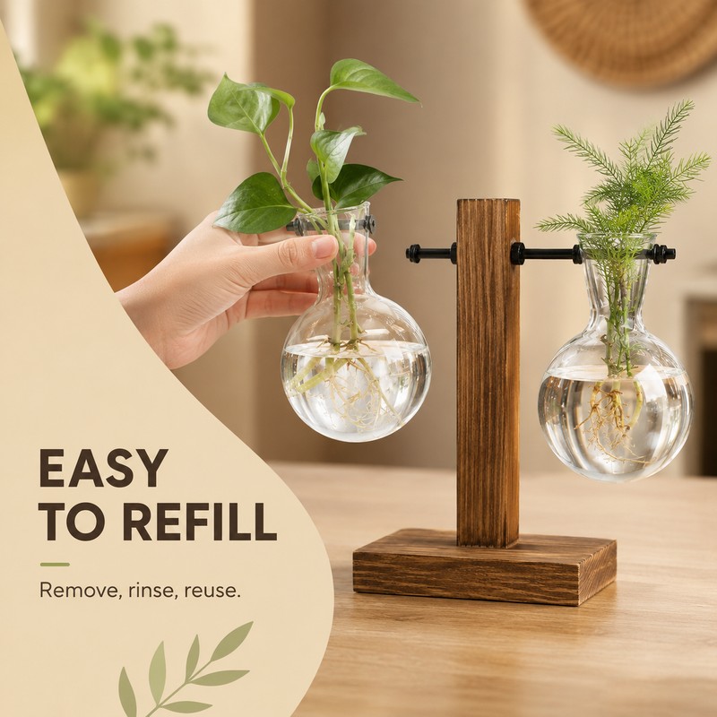 Desktop Hydroponic Plant Propagation Vase with Wooden Stand and 2