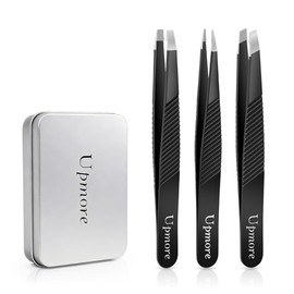 Tweezers Set with Non-Slip Comfort Grip & Micro Ribbed Tips, 3 x Stainless Steel Set for Precise Removal of Eyebrow Hair, Eyelashes and Ingrown Hair (Black-01)