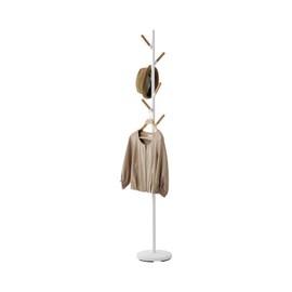 YAMAZAKI Yamazaki Home Freestanding Coat Hanger Rack with Wooden Hooks, Space Saving Steel One Size White