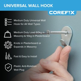 Corefix ONE Wall Hook, Medium Duty Universal Picture Hooks, Wall Hooks for Hanging Frames or Canvas onto Masonry Walls, Timber & Plasterboard. Plasterboard Fixings Kit for Frame Hangers. (Silver)