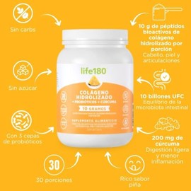 Life180 Colágeno Hidrolizado con Probióticos y Cúrcuma Sabor Piña 390g | Suplemento Alimenticio para Cabello, Piel y Articulaciones más Digestión Salu