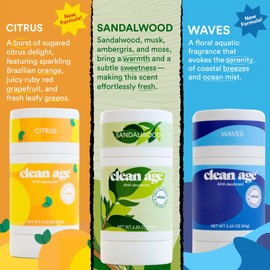 Clean Age AHA Deodorant for Teens | Aluminum-Free, Safe for Sensitive Skin | 3 Pack 2.25 oz Ea - Citrus, Sandalwood, Waves