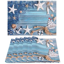 Blue Placemats Set of 6, Summer Nautical Theme Starfish Shell Fishnet Non Slip Heat Resistant Linen Fabric Cloth Place Mats, Washable Holiday Party Dining Table Mats for Coastal Home Kitchen Decor