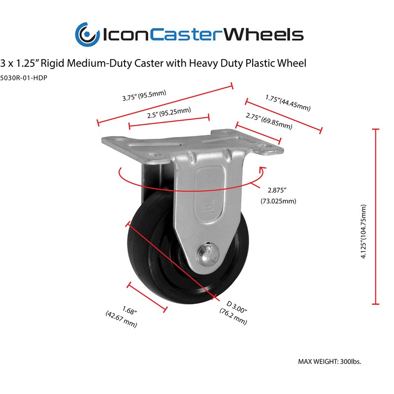 ICON Caster Wheels 3''x 1-.25" Light to Medium Duty Rigid