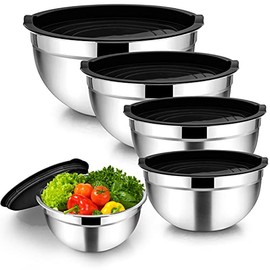 TeamFar Mixing Bowl Set of 5, 4.6/3/1.5/1/0.7 QT, Stainless Steel Metal Nesting Salad Bowl with Lid Set, Ideal for Mixing Whipping Serving, Non-Toxic & Durable, Airtight Lid & Easy Clean, Black