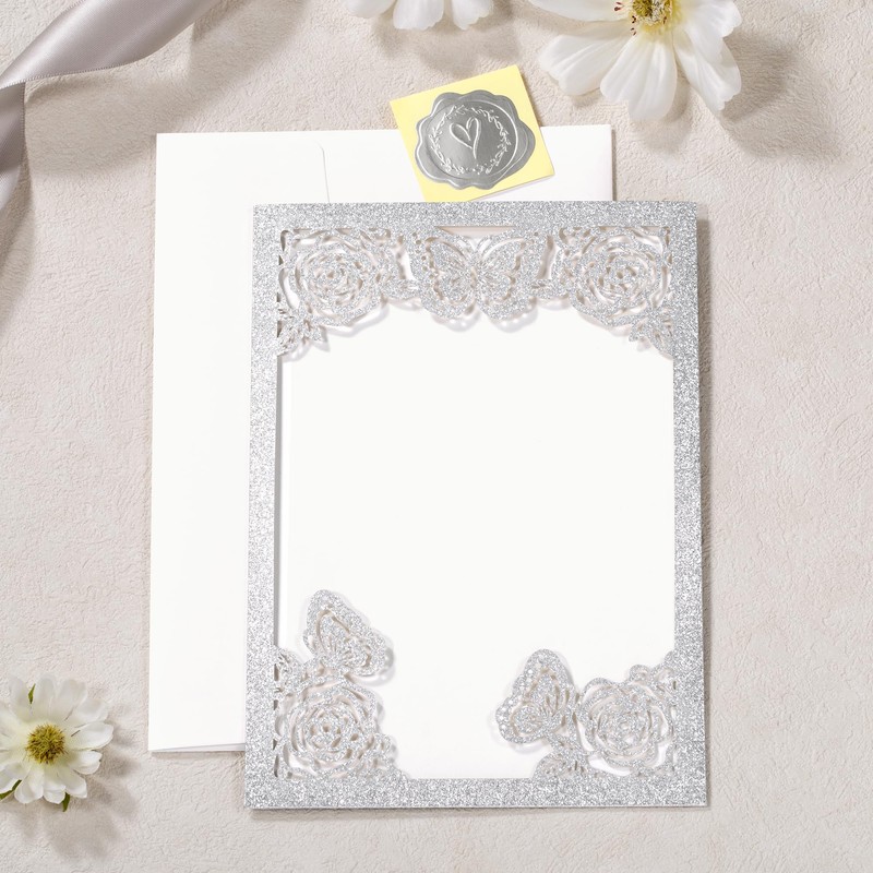 DORIS HOME 50Pcs Glitter Silver Butterfly Quinceanera Invitations, 5" x